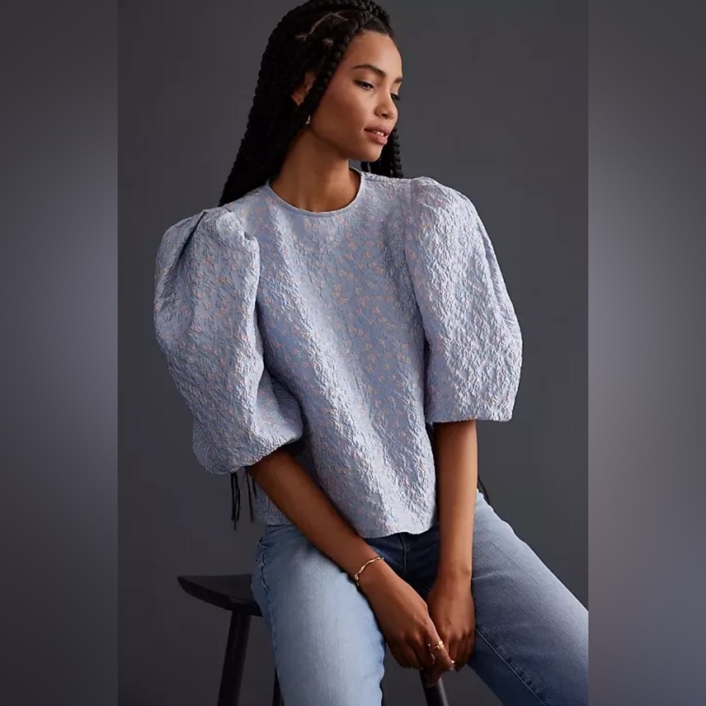 Anthropologie Stella Nova‎ Albina Puff Sleeve Blouse Blue Star Print Small